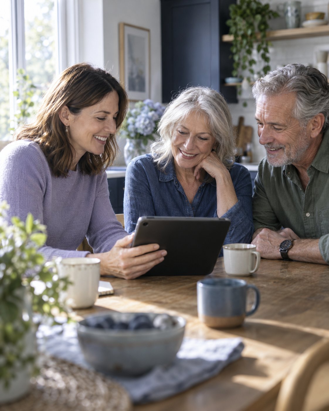 An advisor showing a couple their retirement plan on a tablet at their kitchen table