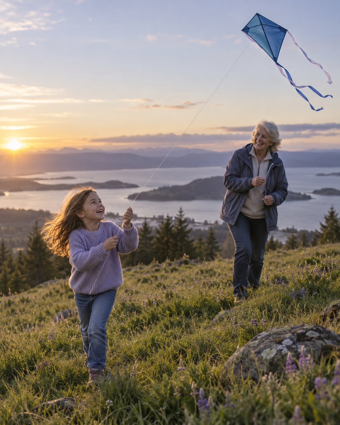 A grandmother and her granddaughter flying a kite on a hillside at sunset