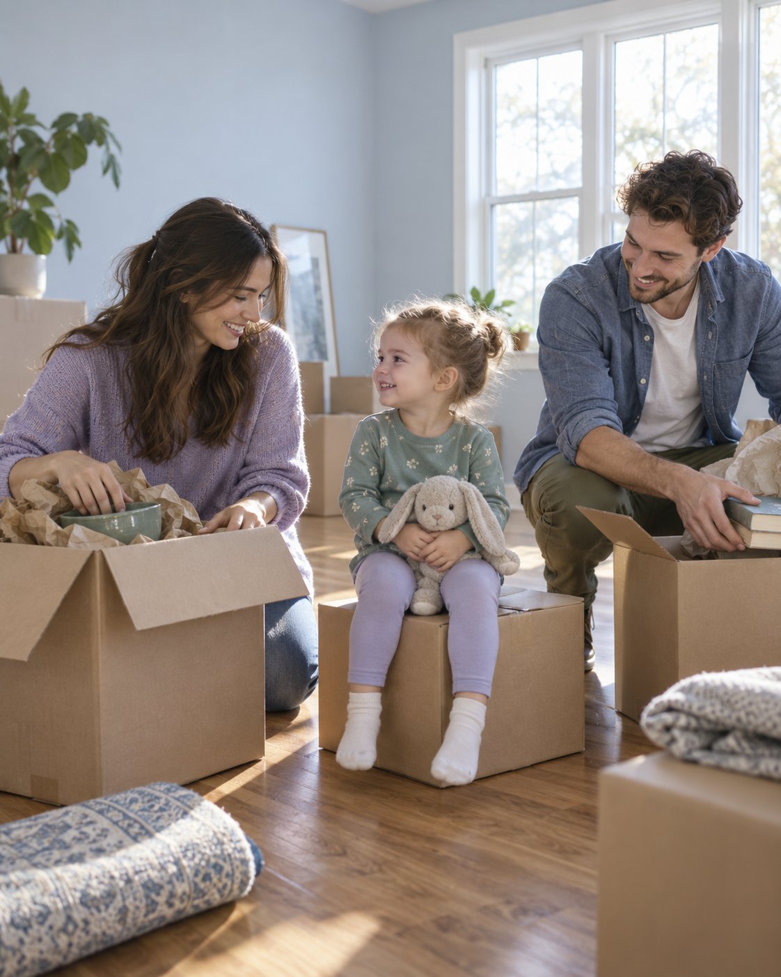 A young family unpacking boxes in their first home